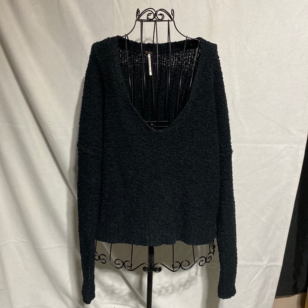 Free People Womens Black Knitted Long Sleeve V Neck Sweater​​​